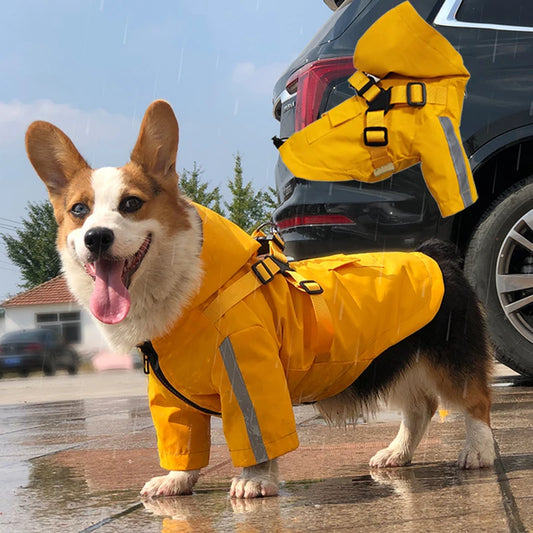 Reflective Waterproof Dog Raincoat with Built-In Harness