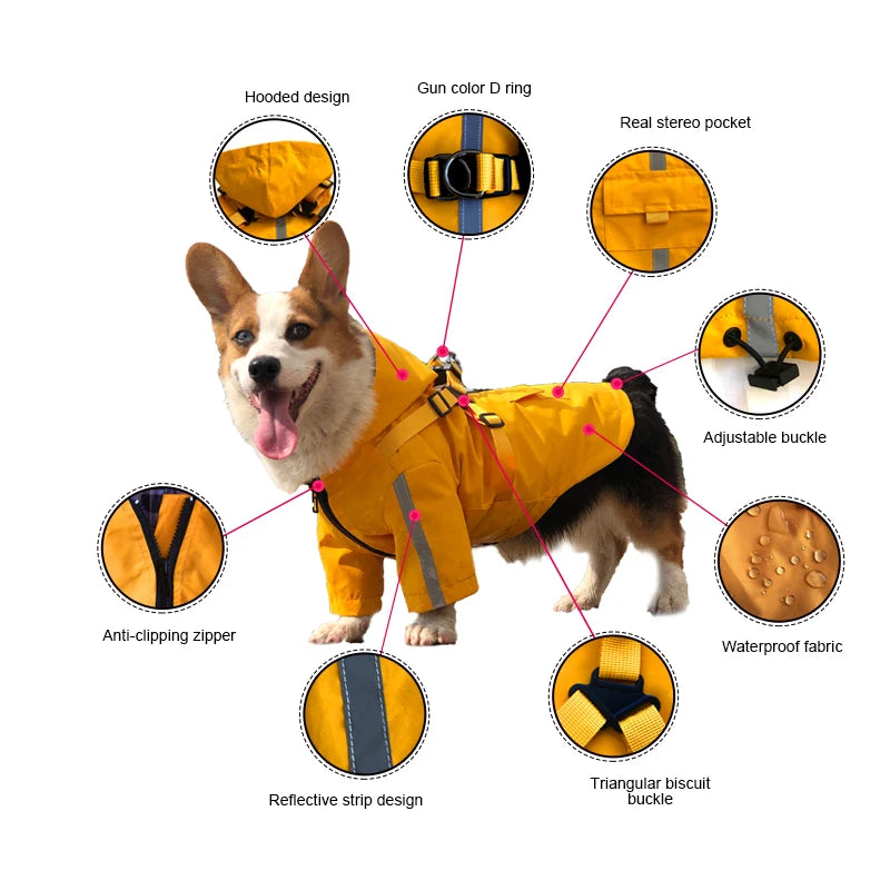 Reflective Waterproof Dog Raincoat with Built-In Harness